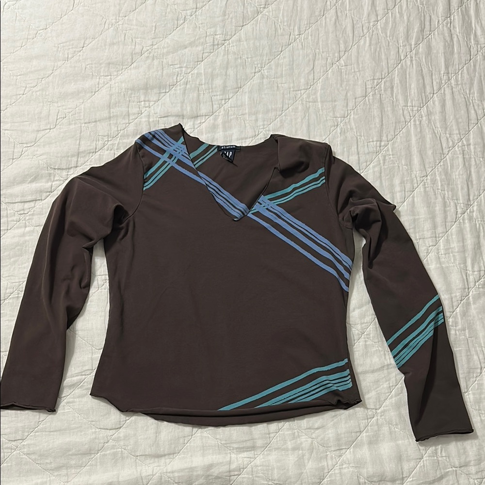 Vintage Stylish Brown and Blue Striped Women's Top The Gap Large